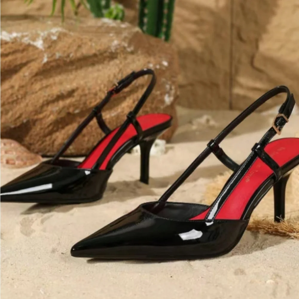 Pointed Toe Black Slingback Heels - Picture 2 of 6